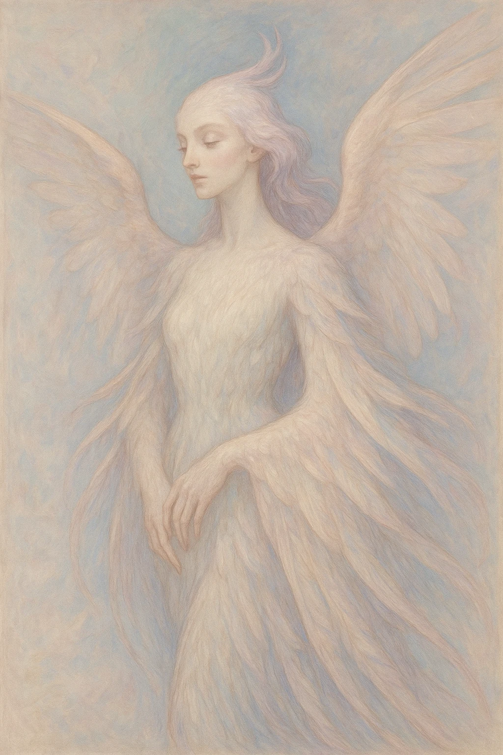 hybrid bird woman with mostly bird features, fantasy style, any bird species, soft pastel colors, graceful and ethereal, flowing feathers emoji