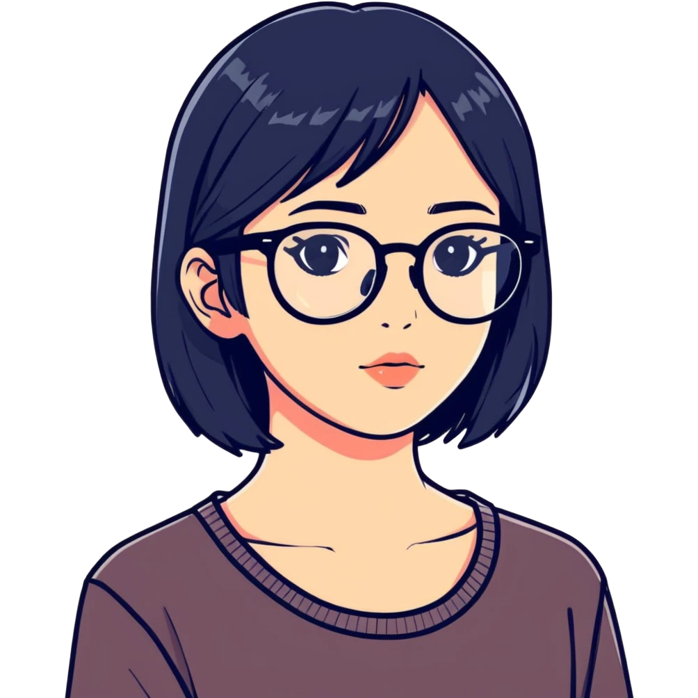 girl wearing clear glasses, black haired, and preety emoji