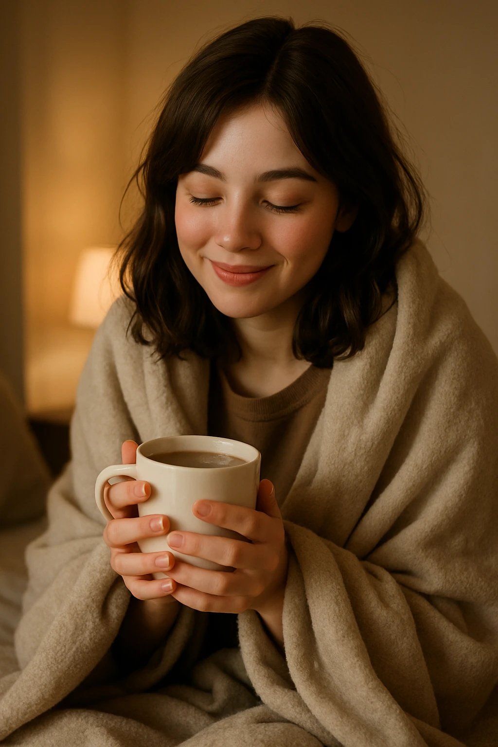 cute brunette girl wrapped in a blanket, drinking coffee, cozy and warm, soft lighting, gentle smile emoji