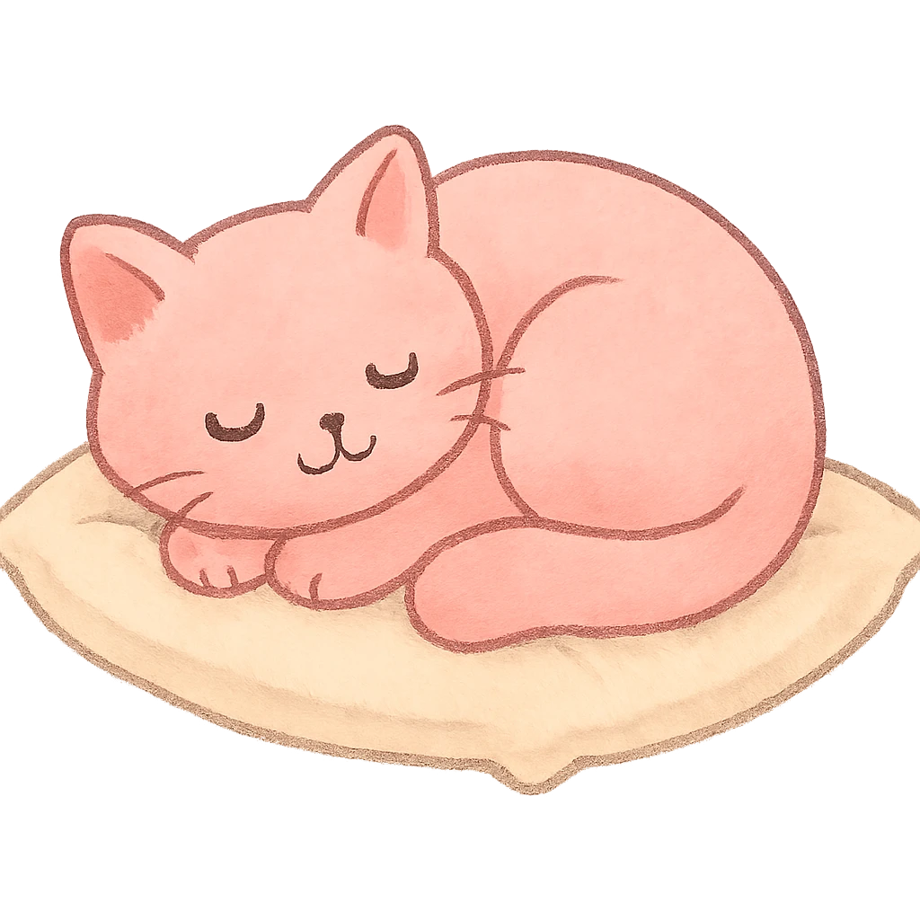 pink cozy cat curled up on a pillow, peaceful emoji