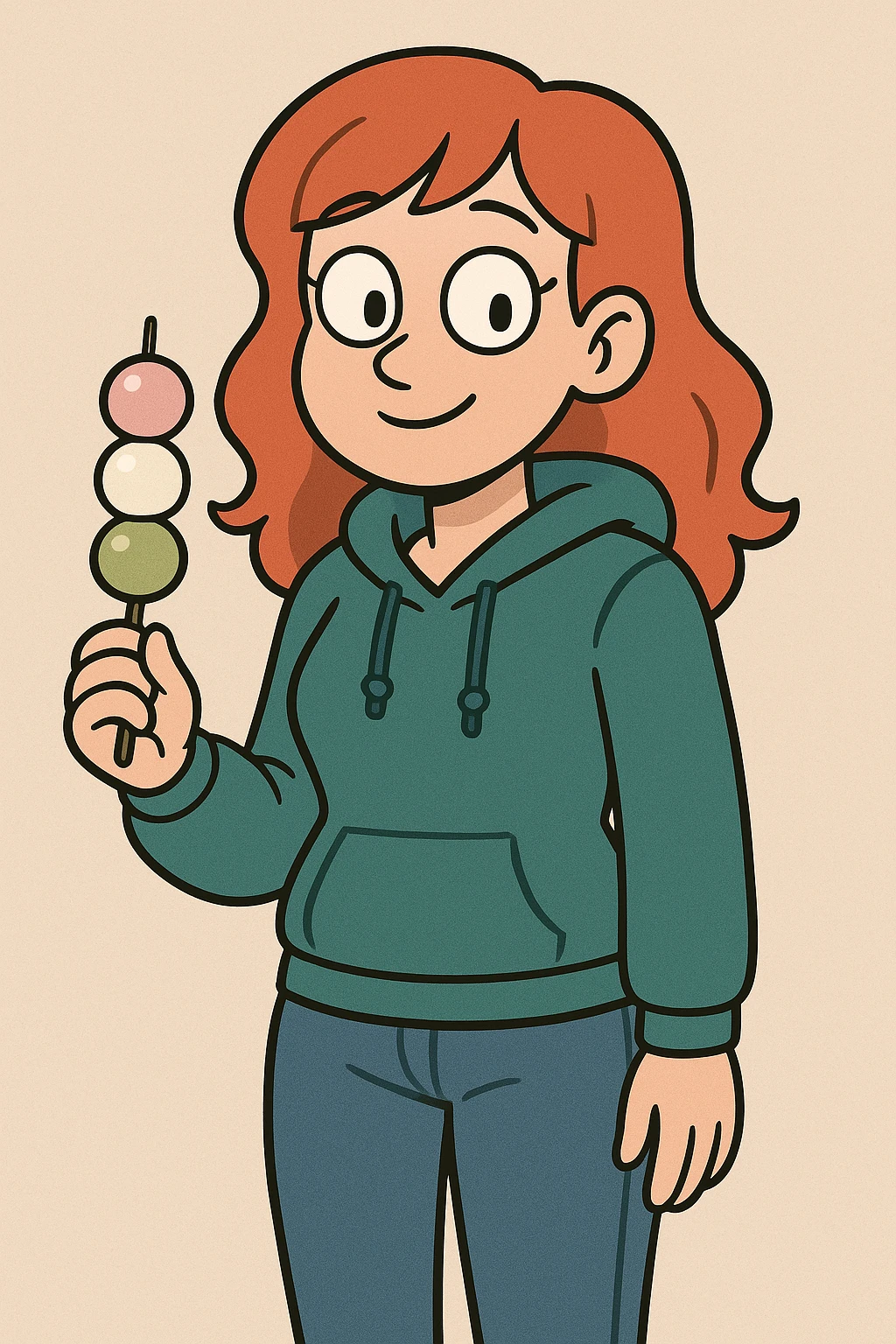 A girl red hair teal women's hoodie blue jeans Dango holding  emoji