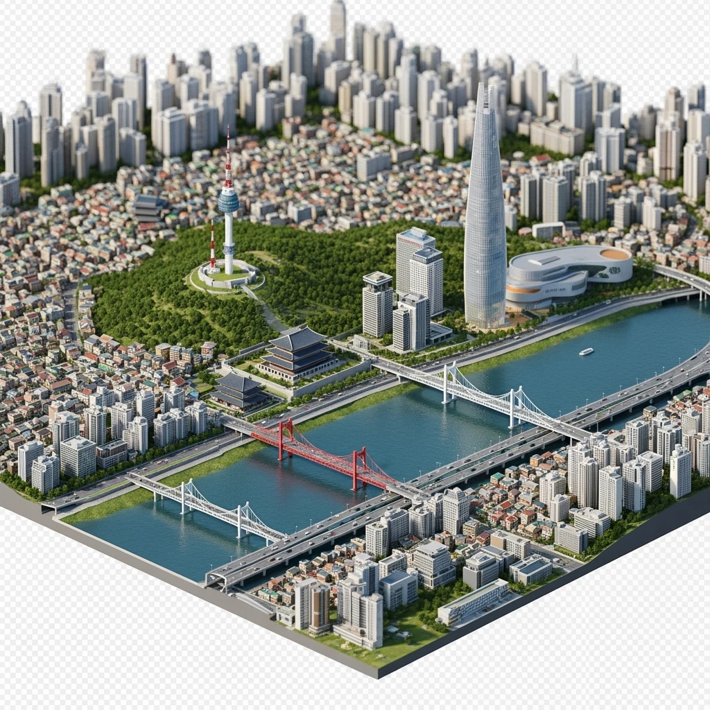 Isometric diorama of Seoul typical houses, Namsan Seoul Tower, Gyeongbokgung Palace, Lotte World Tower, Dongdaemun Design Plaza, and Han River bridges, 3D miniature effect and Tilt Shift effect, no cartoonish look, transparent background. emoji