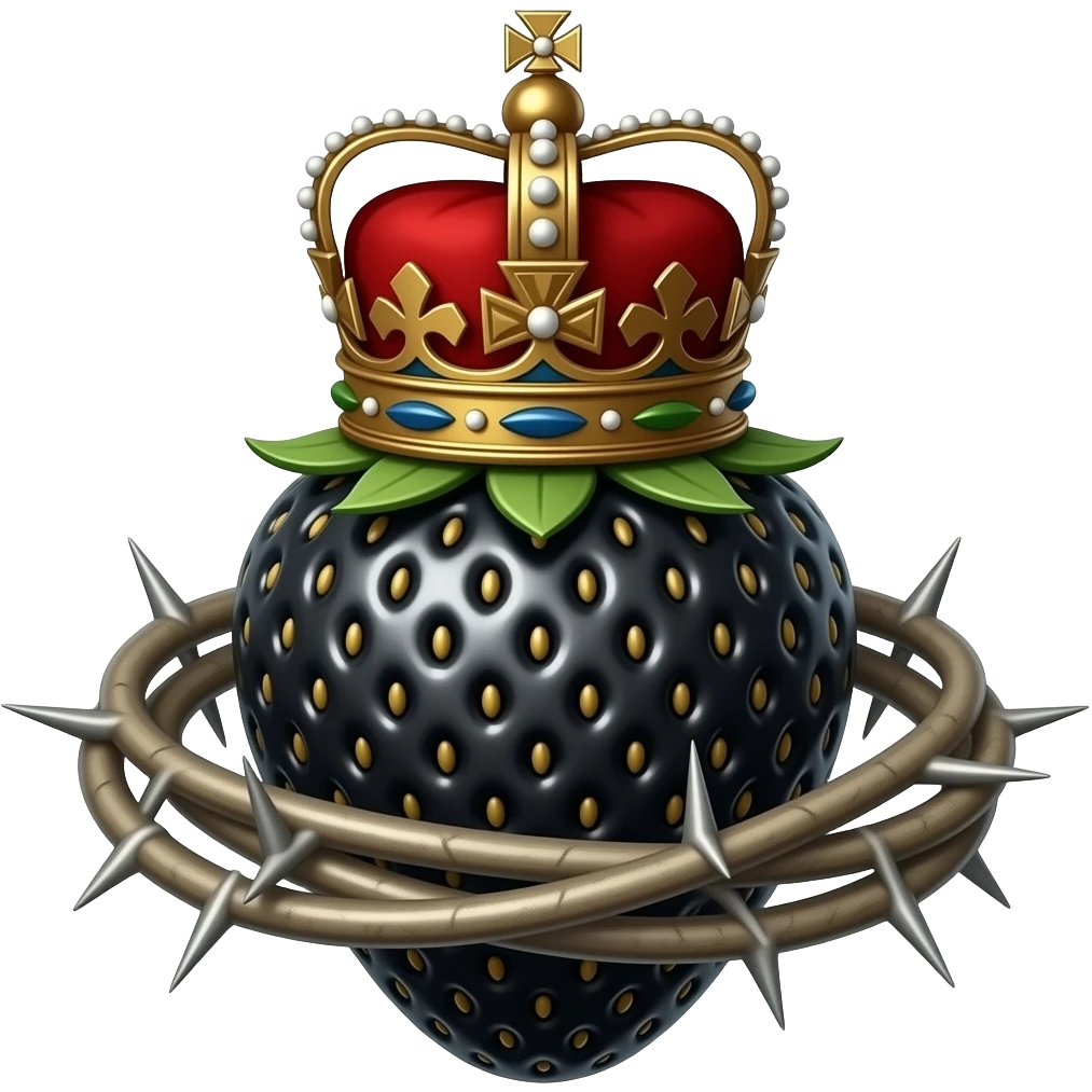 cinematic realistic -a black strawberry with a rusty, richly decorated English royal crown on top that is flaming. An oversized crown of thorns is wrapped around the strawberry's body and is spinning around its body emoji