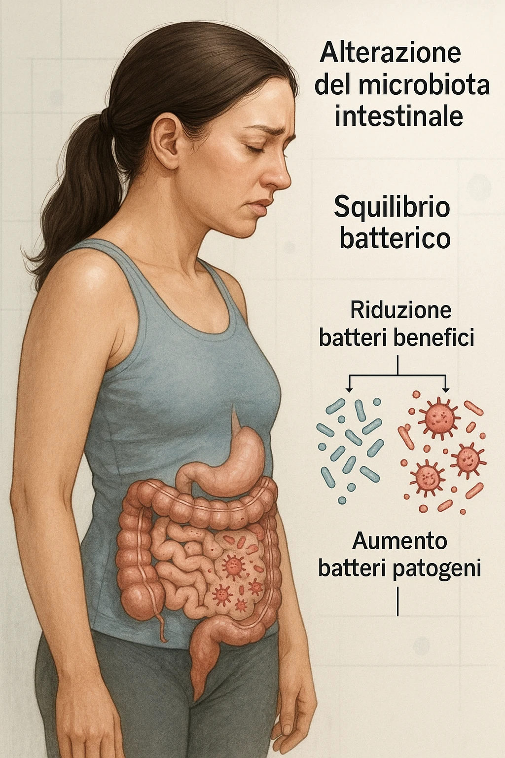 donna con alterazione del microbiota intestinale e molto specifica in italiano emoji
