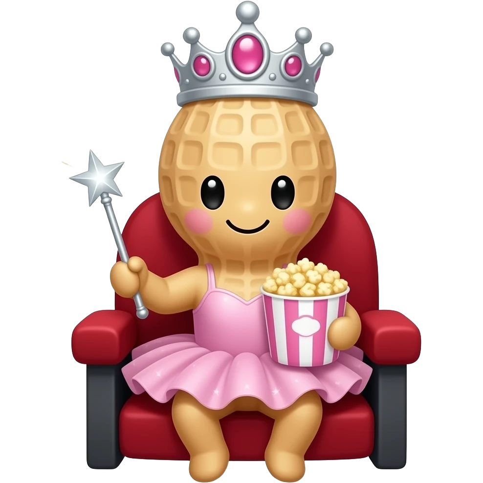 A peanut with a smiling chibi face and pink lips, a princess tiara, a tutu, and a sparkling wand- sitting in the opera box of a theatre holding popcorn emoji