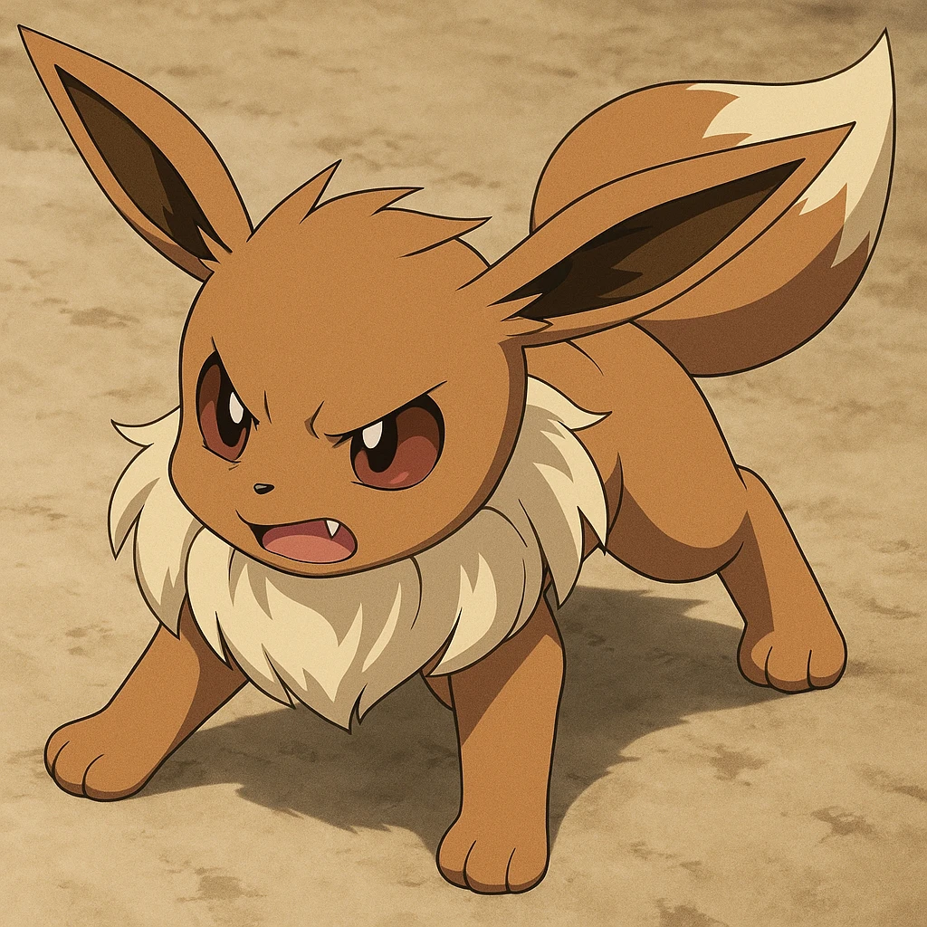 Eevee looking annoyed, hunched forward, ears back, ready to pounce, anime style emoji