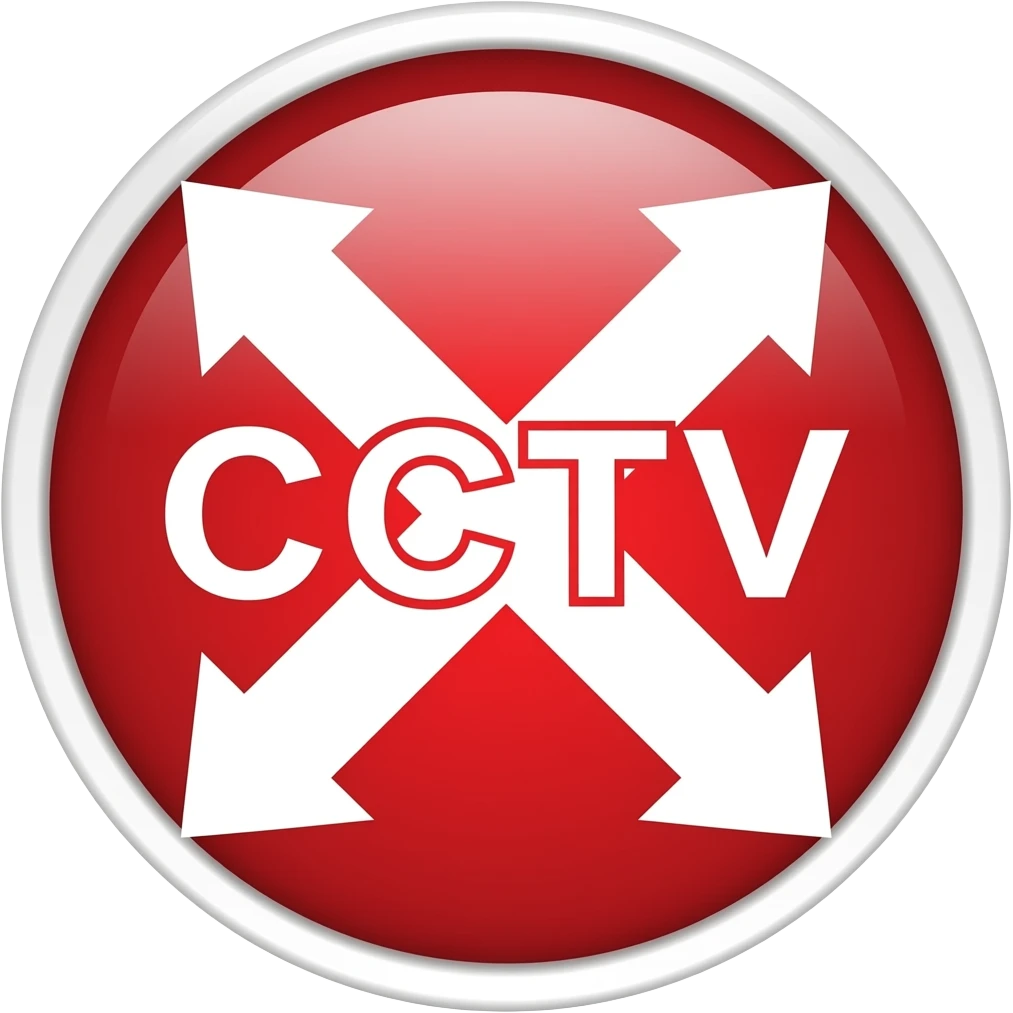 Red filled circle with white X and arrow end points on the X. CCTV word in the centre emoji