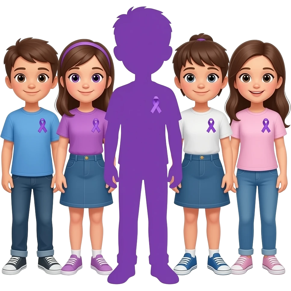 iOS-style emoji: group of boys and girls taking a photo, each wearing a small purple ribbon for fibromyalgia awareness, with one silhouette fully purple standing out, soft gradients, cute and minimal, transparent background emoji
