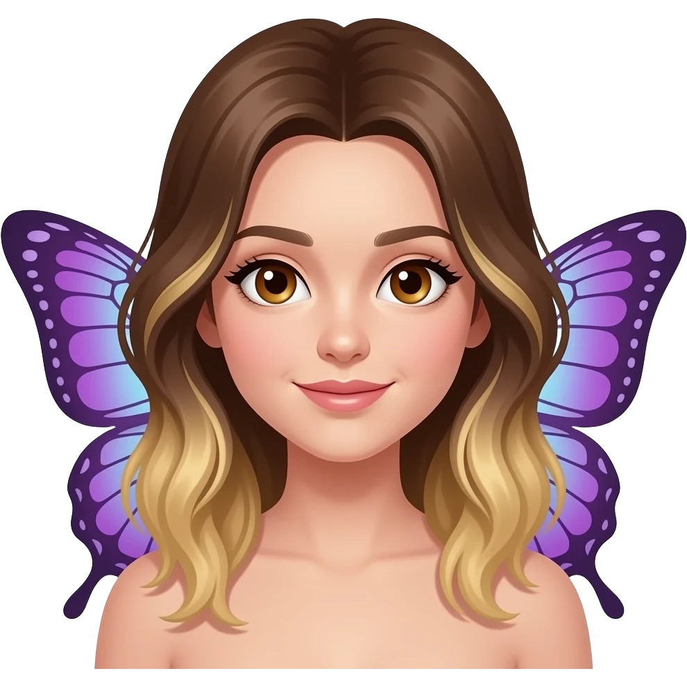 please make a young woman with brown eyes, brown hair with blonde lights, butterfly wings, the wings are purple emoji