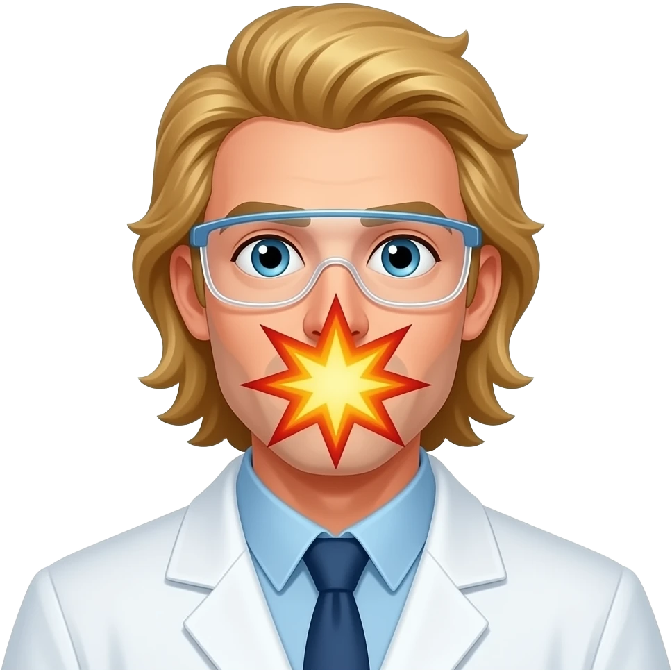 clean shaven male scientist with long blonde hair experiences an experiment exploding in his face emoji