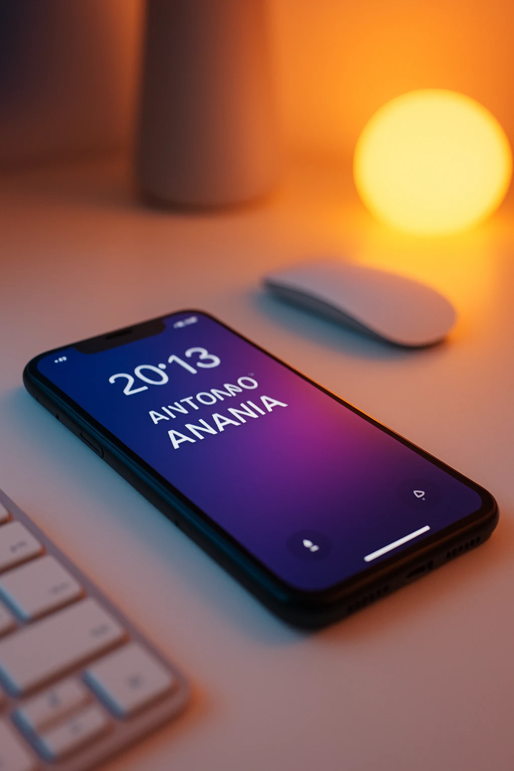 A photo of an iPhone on the desk with the message "Antonio Anania" on its screen, The phone sits atop a desk with a blurred background that suggests work environment. A faint glow from above casts gentle shadows across the surface of each object, creating depth and highlighting their textures emoji