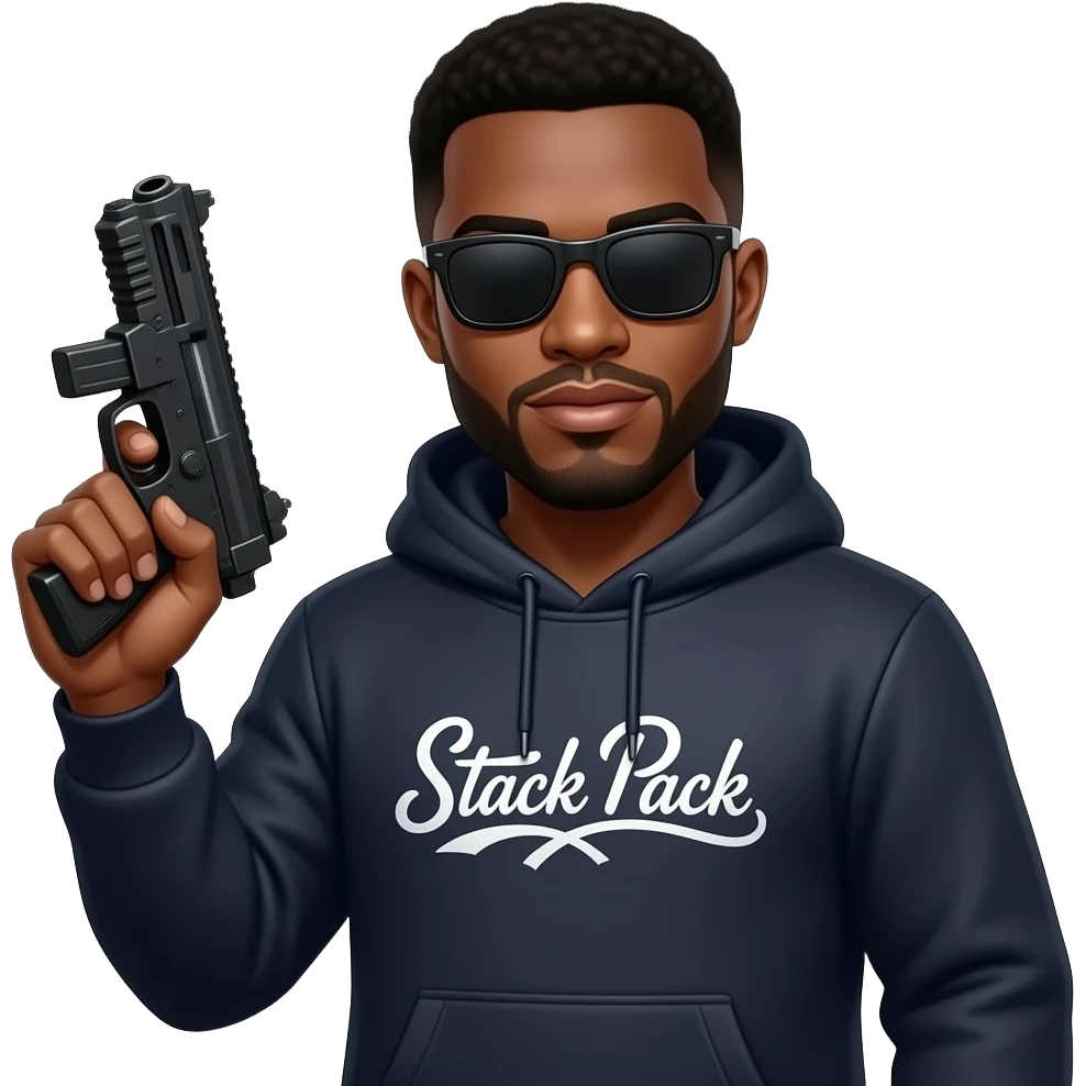Black guy named Stackpack Louis Vuitton hoodie that says stack pack on it black shades on it with a laser gun make sure the font on the hoodie is cursive emoji