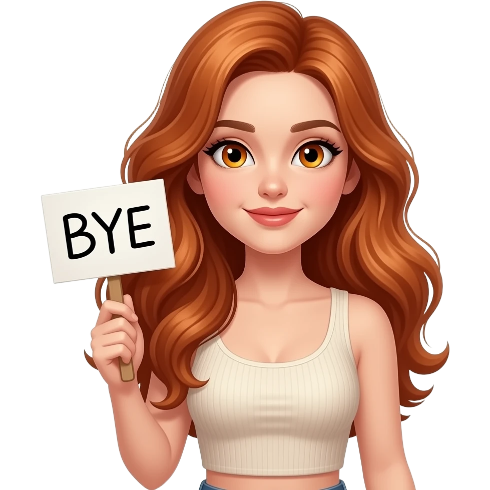 sexy girl with long wavy ginger hair and ginger eyes wearing a top is holding a BYE sign emoji