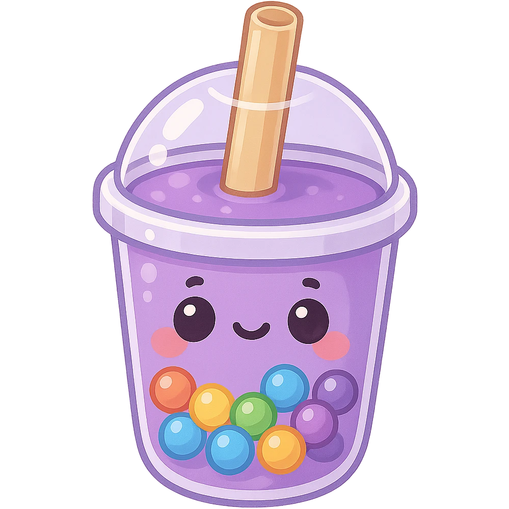 Purple pearl milk tea with rainbow boba, cute and exaggerated Q version sticker style emoji