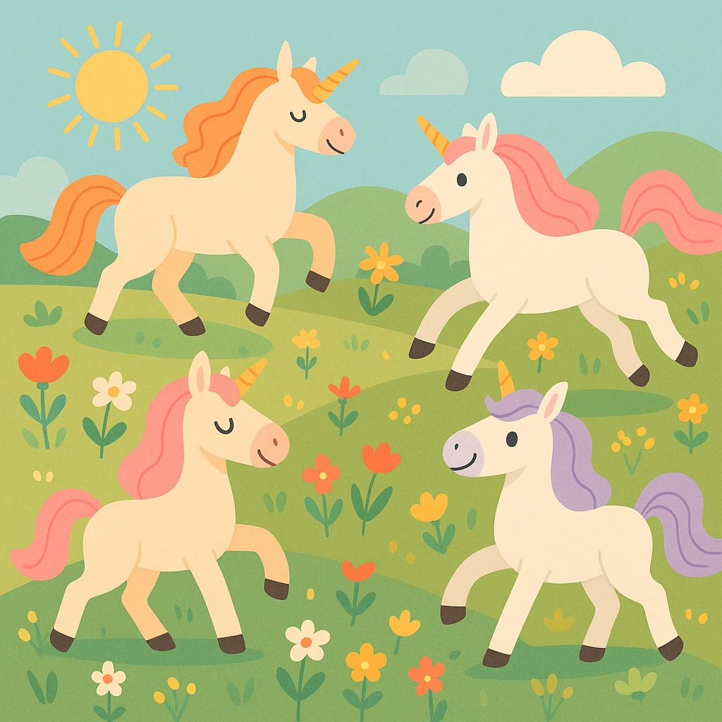 sunlit meadow with unicorns and wildflowers, pastel fantasy style emoji
