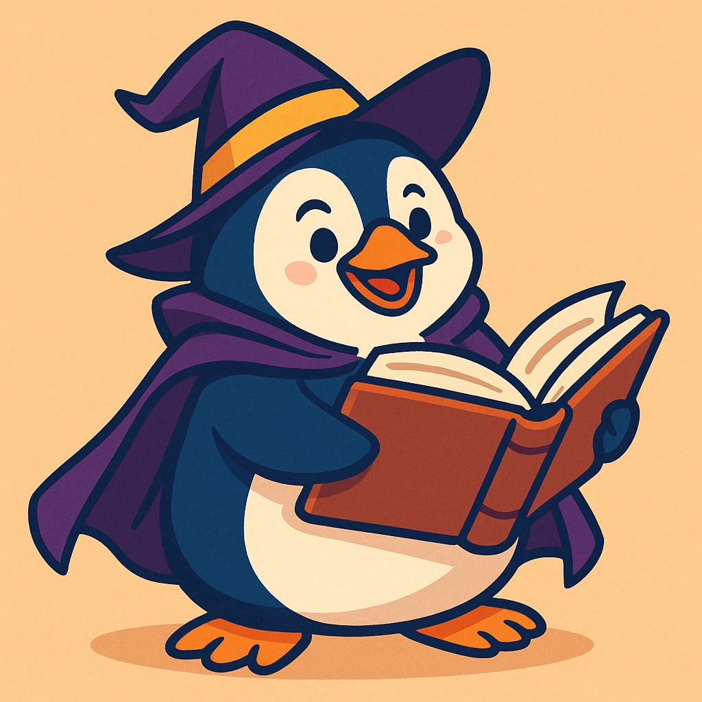 playful style chubby penguin with a wizard hat and cloak, holding an open spellbook emoji