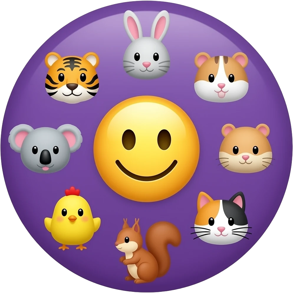 emoji yellow smiley in the center serounded in circle  🐯🐰🐹🐨🐥🐿 🐈 purple background emoji
