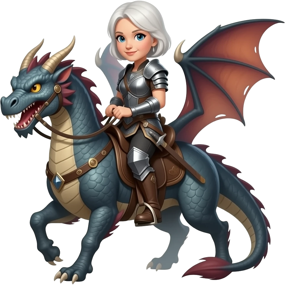 Shorter white hair older woman warrior riding dragon emoji