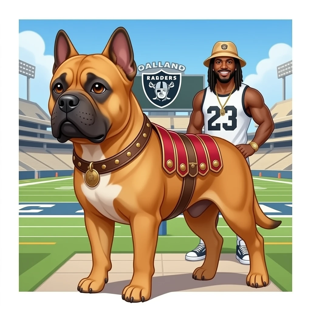 A cane Corso fawn color clipped ears, no  tail, triple muscle dressed like a Roman war dog standing in front of the Oakland Raiders stadium with Mac Dre the hip-hop, rapper, iconic, dreadlocks, and bucket hatstanding in the background emoji
