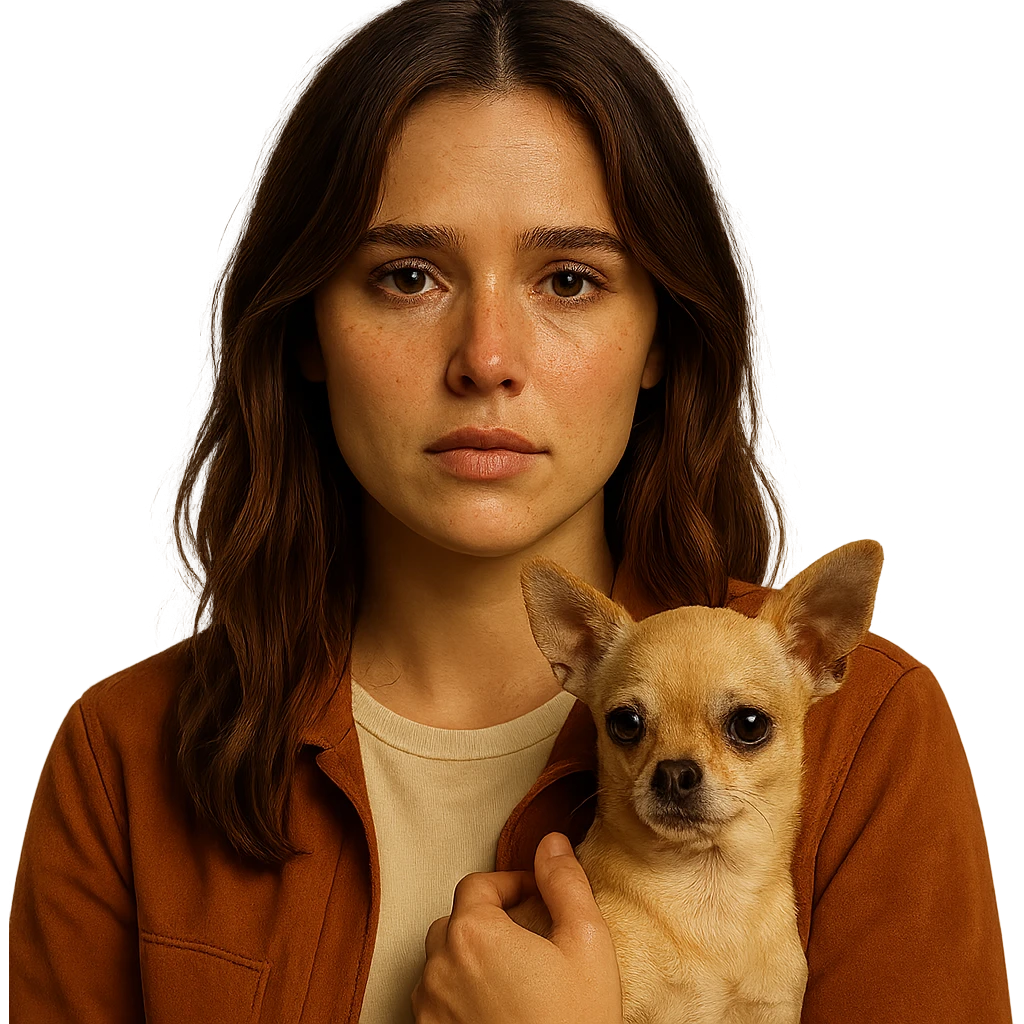 Portrait for Instagram profile inspired by the facial features visible in the reference images, with a tanned complexion, subtle freckles, wearing a shirt colored #FFF8CA and a rust-colored jacket, mid-length brown hair with auburn highlights, a melancholic and vulnerable expression, holding a beige-brown chihuahua, in the style of a Netflix series, transparent background, intimate Tenerife ambiance. emoji
