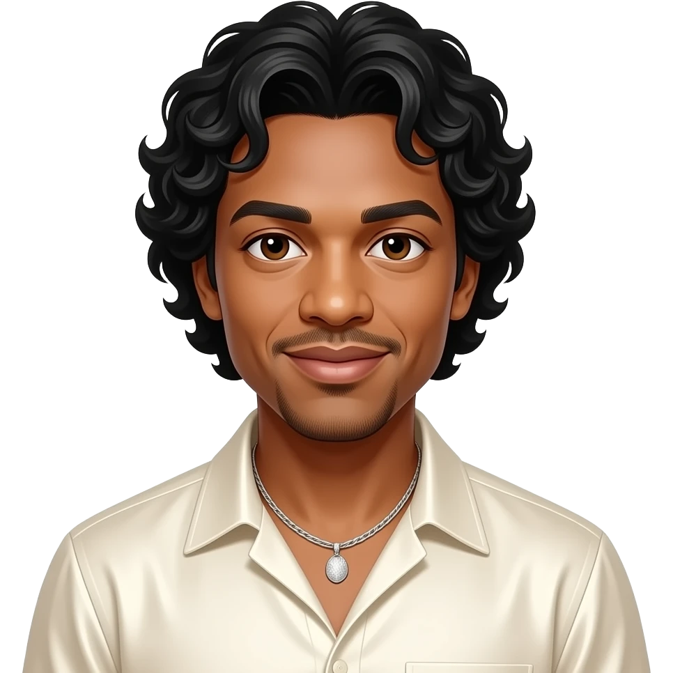El DeBarge with dark brown eyes, black wavy hair, cream metallic shirt, silver necklace emoji