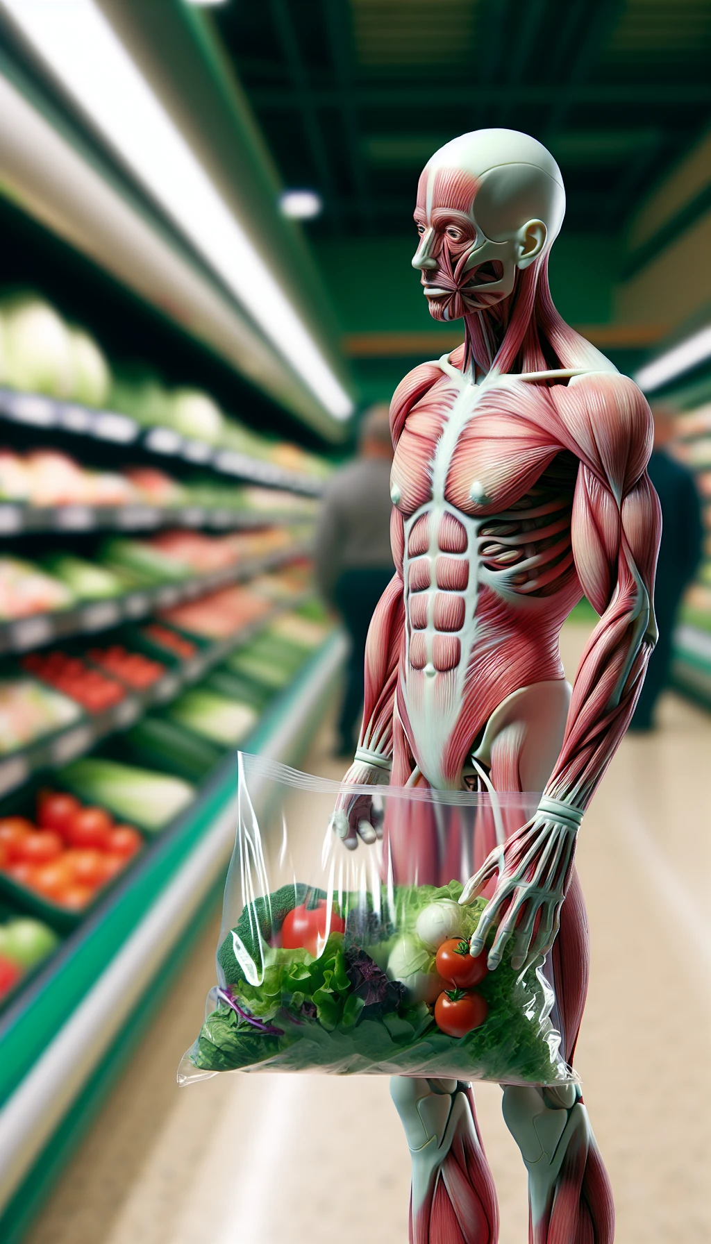 corpo umano anatomico in un supermercato che tiene in mano una busta di insalata di plastica, supermercato sfocato sullo sfondo emoji