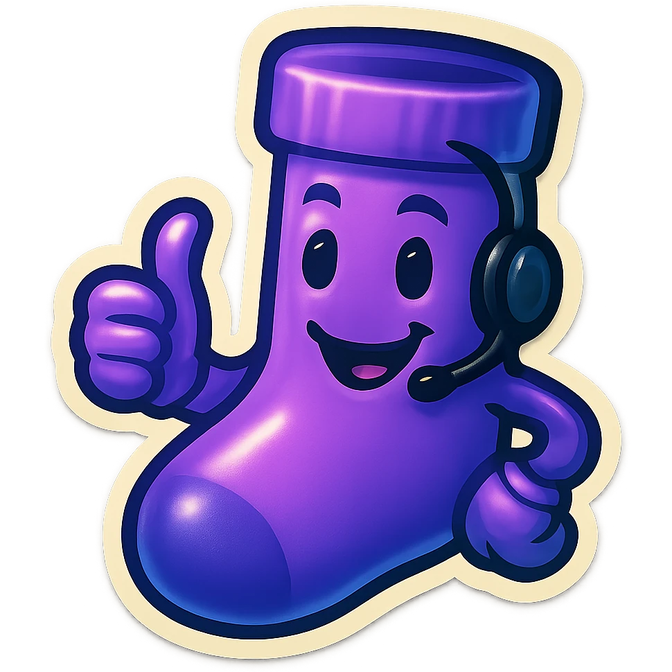 A purple sock with a happy face, wearing a headset, giving a thumbs up, representing a positive or supportive reaction. emoji