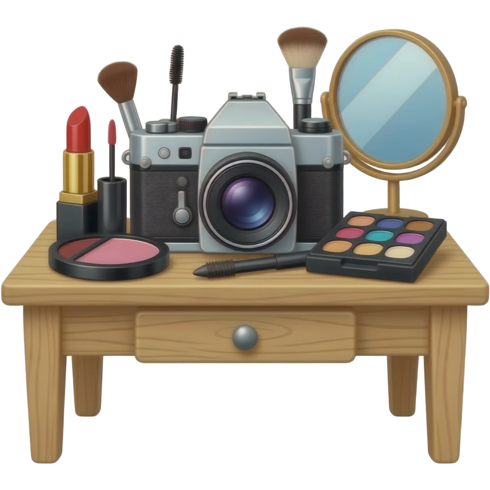 composition of make-up accessories with vintage camera compendium emoji