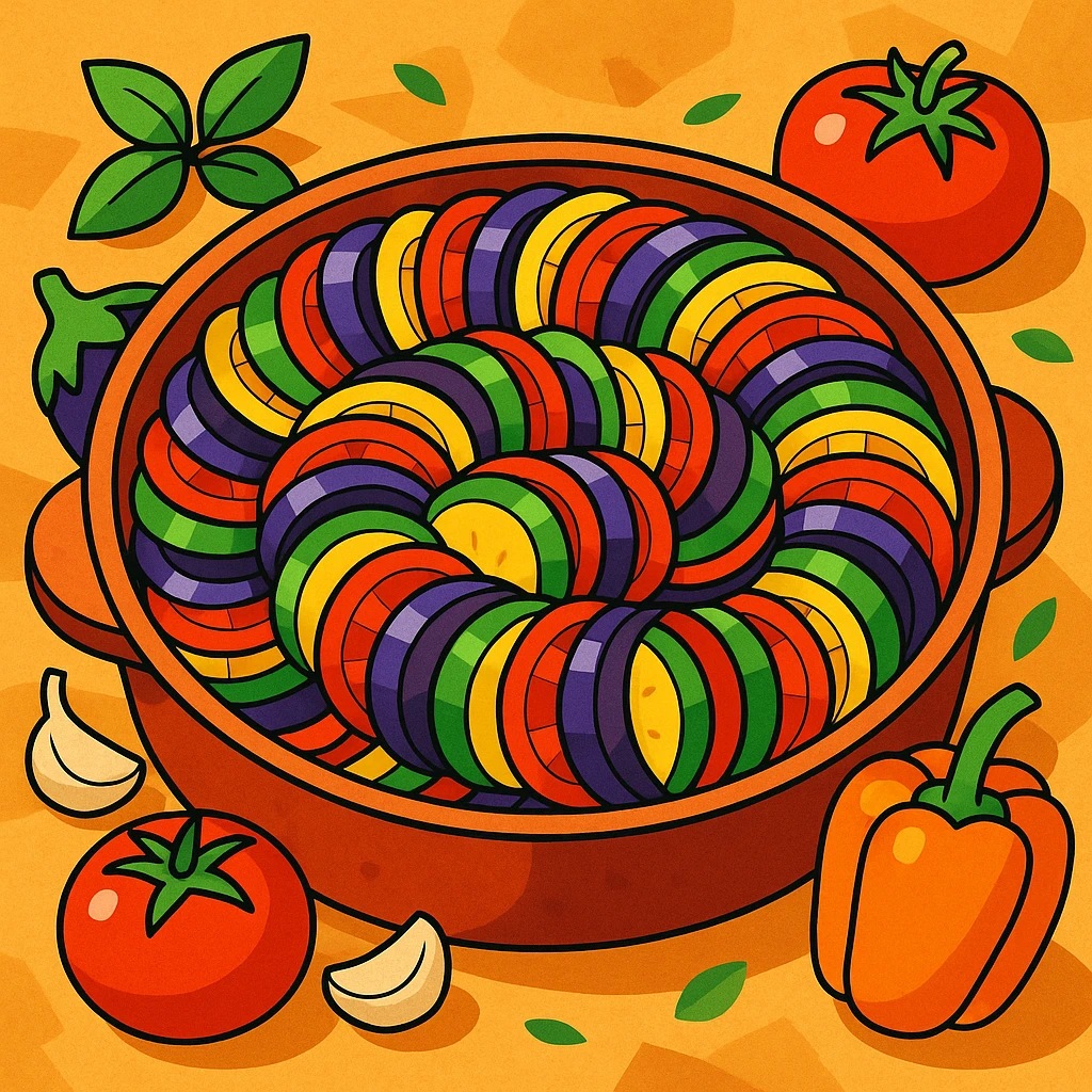 ratatouille food, vibrant vegetables, rustic French dish, colorful, appetizing, in a round baking dish emoji