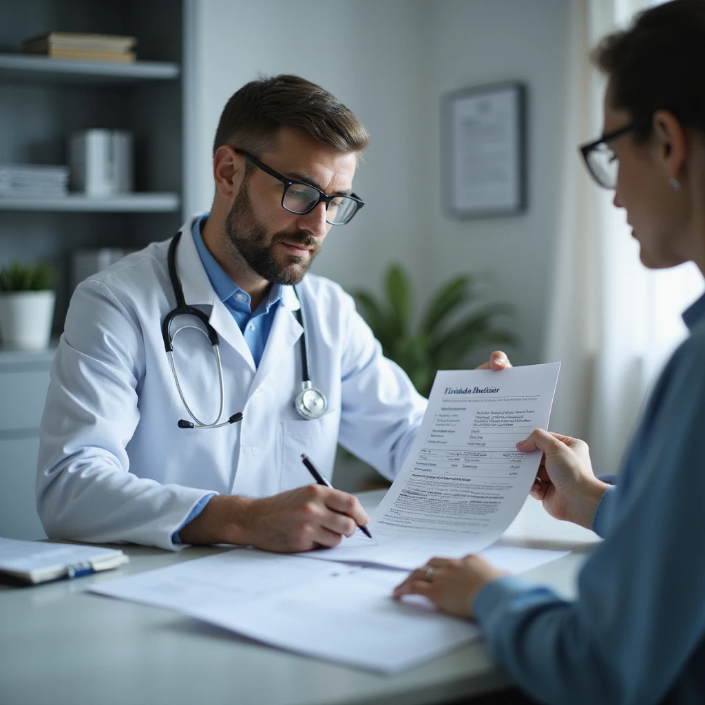 hyperrealistic 4K image of a doctor filling out a prescription on letterhead, writing 'Tiroide secca di maiale', patient watching attentively, clinical office environment emoji
