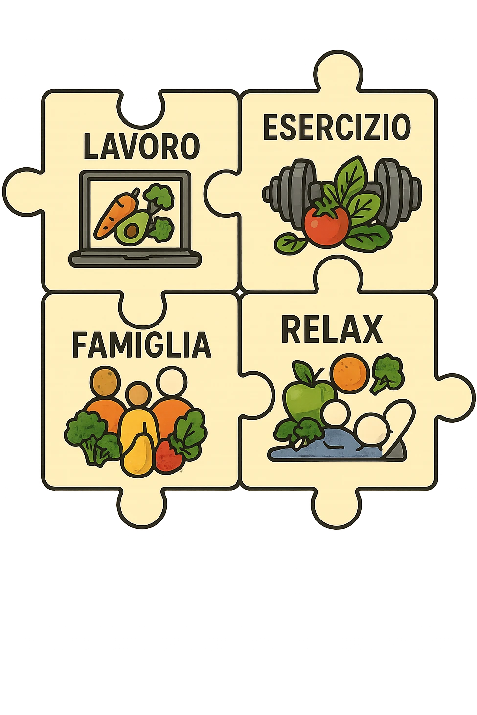 Puzzle (Lavoro, Esercizio, Famiglia, Relax), in lavoro metti icona di un PC, in Esercizio un Manubrio, in Famiglia una famiglia, in Relax qualcuno che riposa and healthy foods are integrated into each piece. in italiano emoji