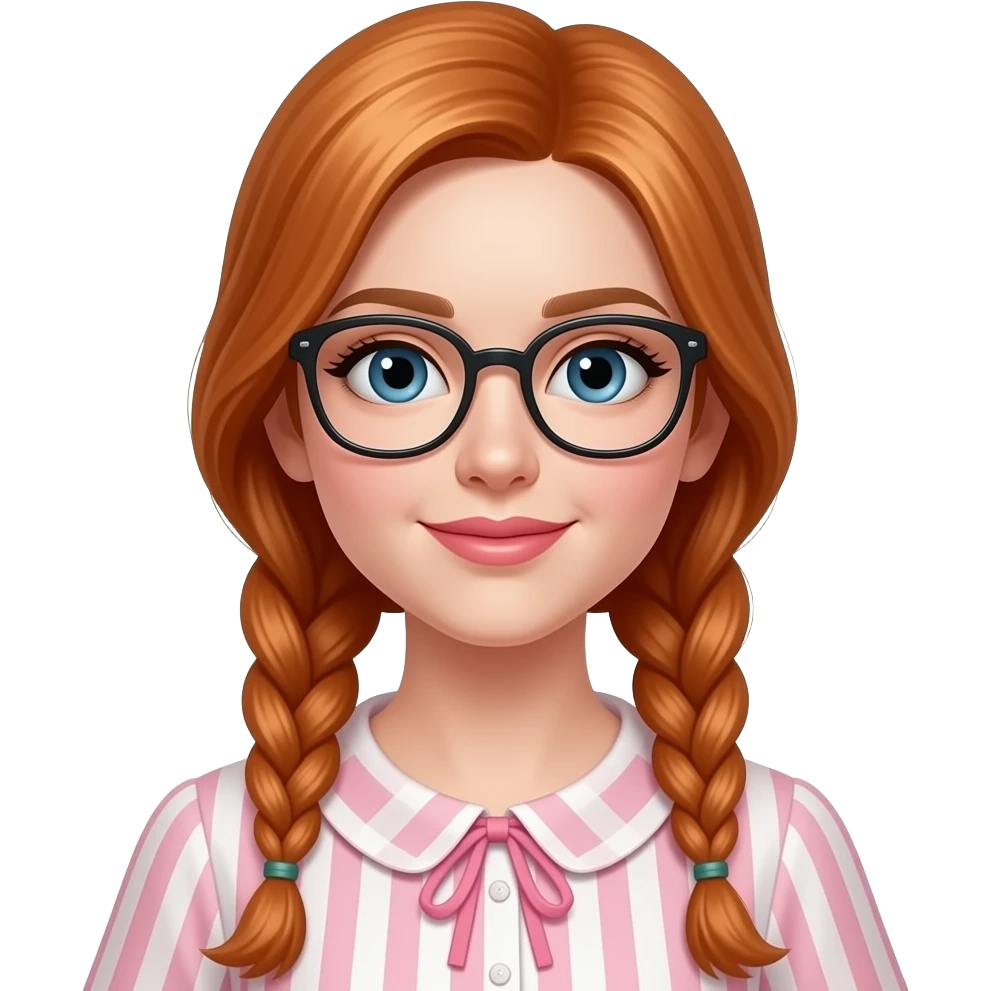 white girl with long light red hair braided and blue eyes with glasses and pink lips in a dress emoji