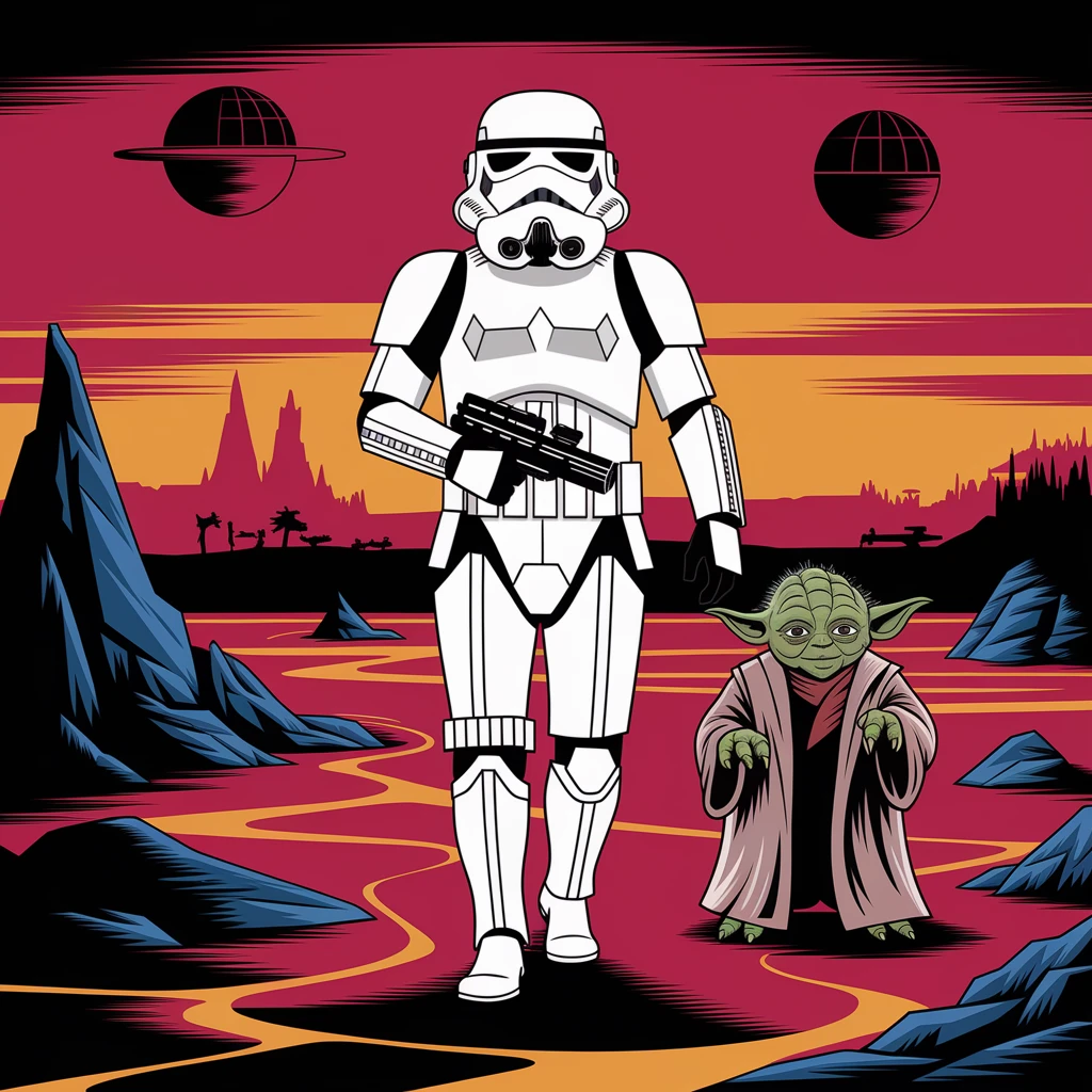 vector art of a Starwars stormtroopers is walking on lava planet with yoda, battleground background 
 emoji