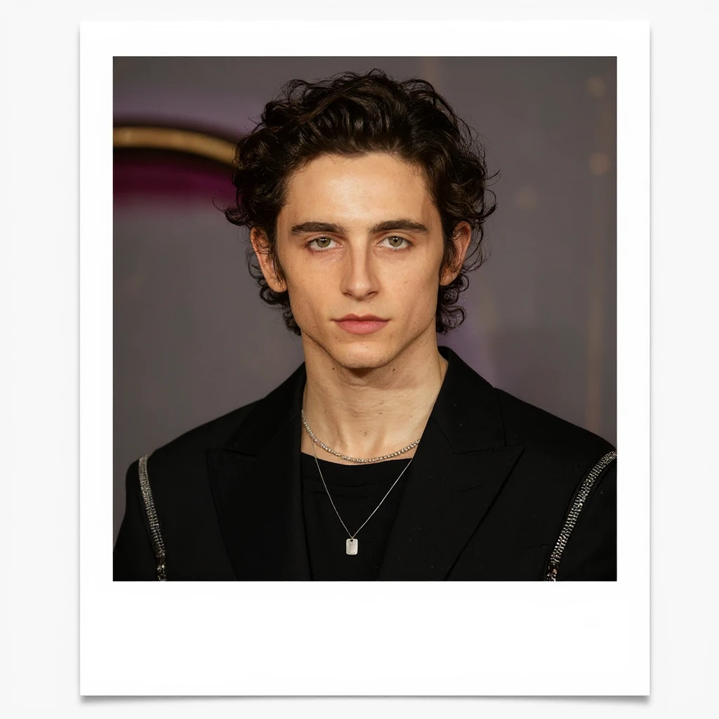 Polaroid style portrait illustration of Timothée Chalamet, the actor, with wavy hair and a thoughtful expression, warm tones, classic instant photo border, based on the reference photo. emoji