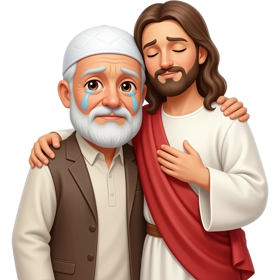 пожилой мужчина мусульманин со слезами на глазах обнимает Иисуса во весь рост emoji