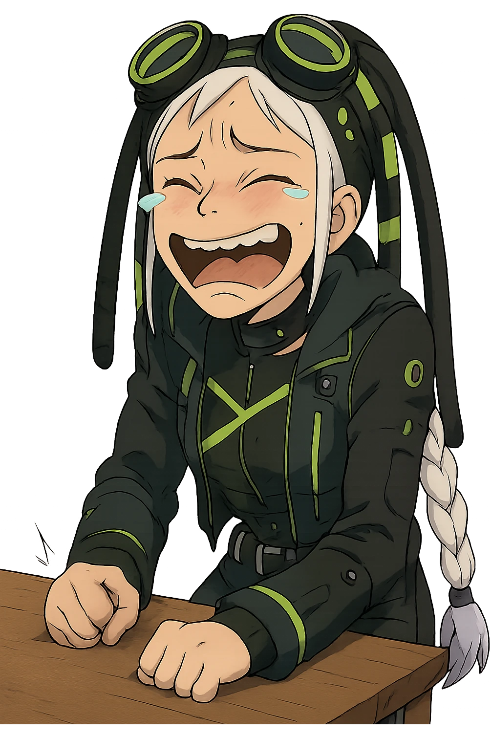 1 female, single long white braid with lavender tips. Cybergoth futurepunk, crying from laughter, pounding her fist on a table, “wheeze emoji” facial expression, hilarious  emoji