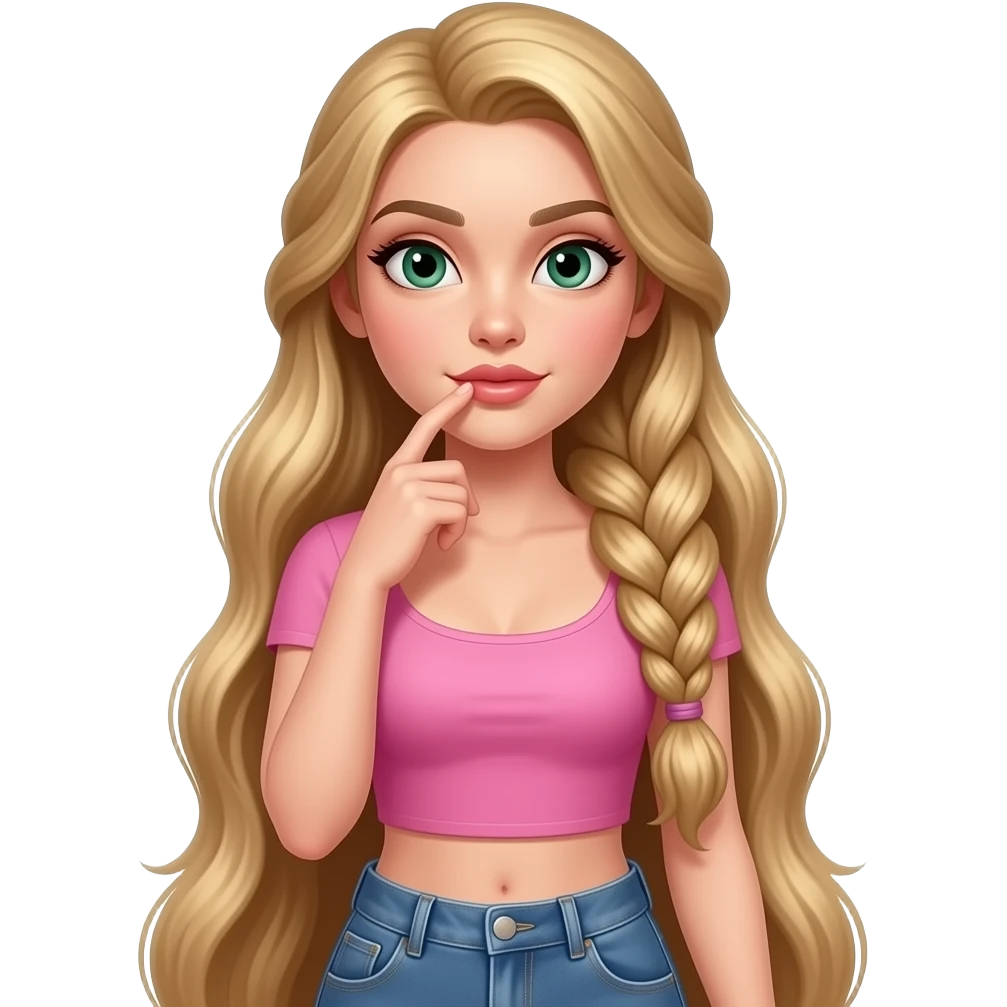 Beautiful young woman with her finger on her Naturally big lips and has dark blonde hair and looks very seductive but pretty and has almond eyes that are dark green and she kinda looks like rapunzel but is wearing jeans and a pink crop top and looks realistic emoji
