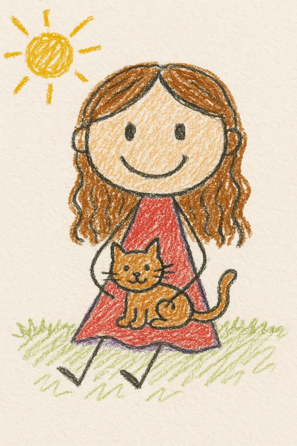 a girl with long wavy brown hair and brown eyes sitting with a cat on her lap, cute illustration style emoji