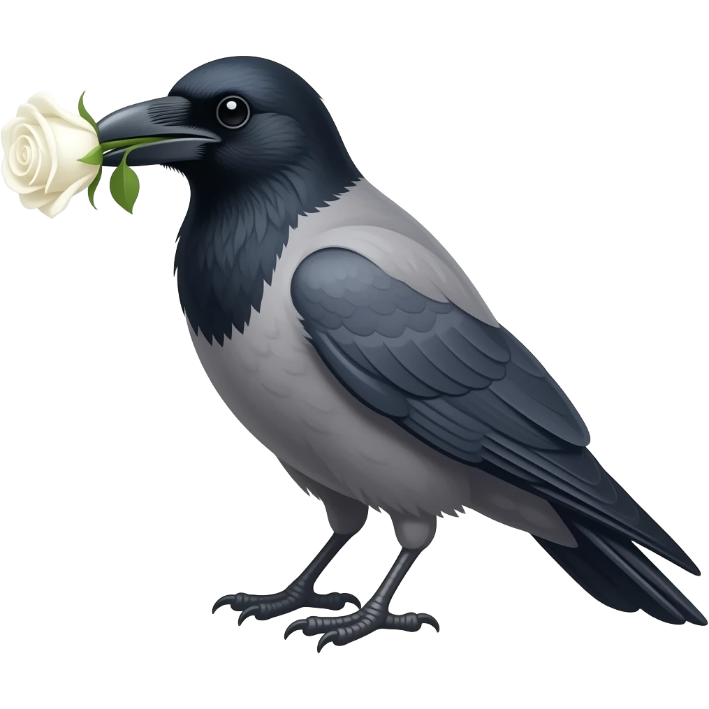 a grey crow with a white rose in its beak emoji