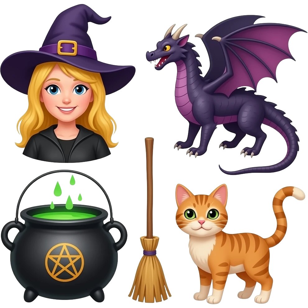 Witch with blonde hair, cauldron, pentagram, broomstick, dragon, cat emoji