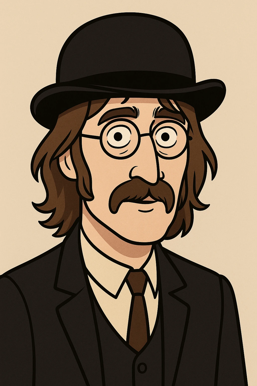 John Lennon wearing a bowler hat, realistic cartoon style emoji