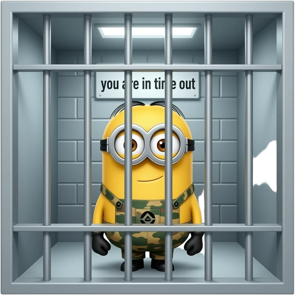 minion wearing army fatigues in jail text your in time out emoji