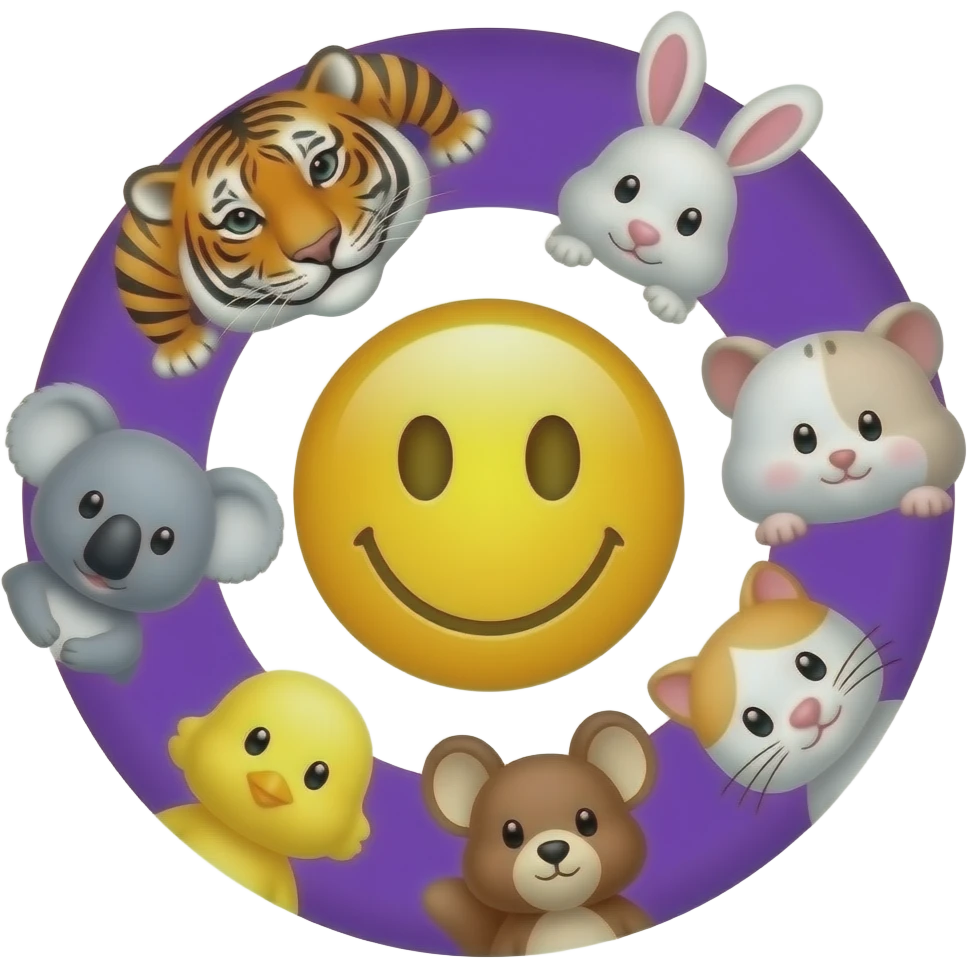 emoji yellow smiley in the center serounded in circle  🐯🐰🐹🐨🐥🐿 🐈 purle and white background, with red circle line emoji