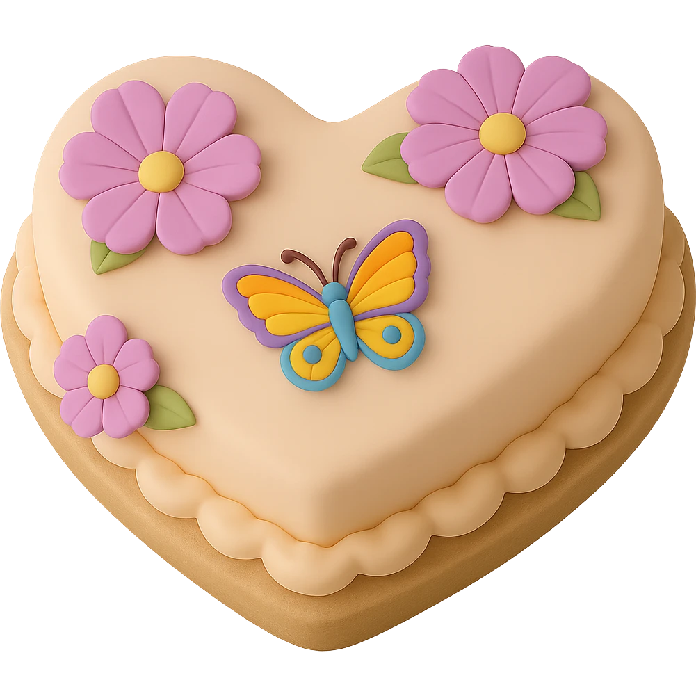Make the butterfly smaller on the heart-shaped fondant cake with purple flowers, fondant cake art style, keep transparent background. emoji