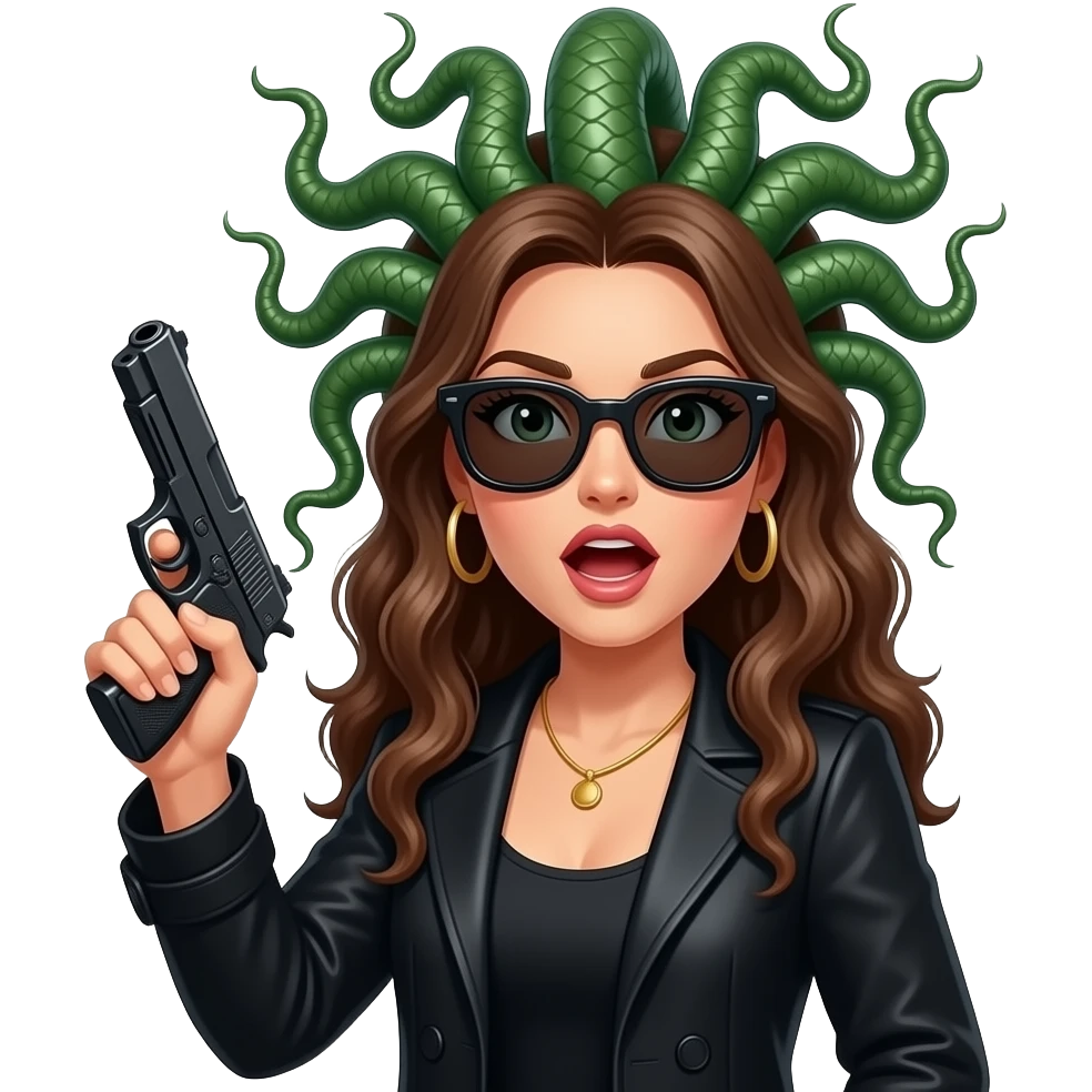 Surprised beautiful female Medusa in black coat with sunglasses holding gun emoji