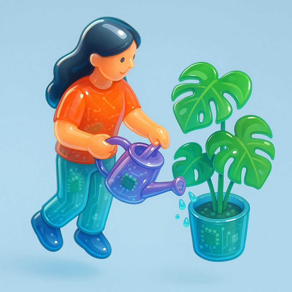 woman watering her monstera plant emoji