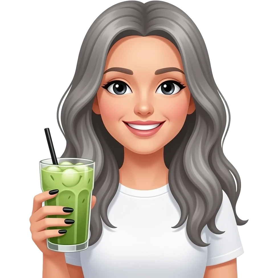 smiling lady with black eyes and grey very long hair, long black nails and holding a large iced matcha, wearing a white t shirt emoji