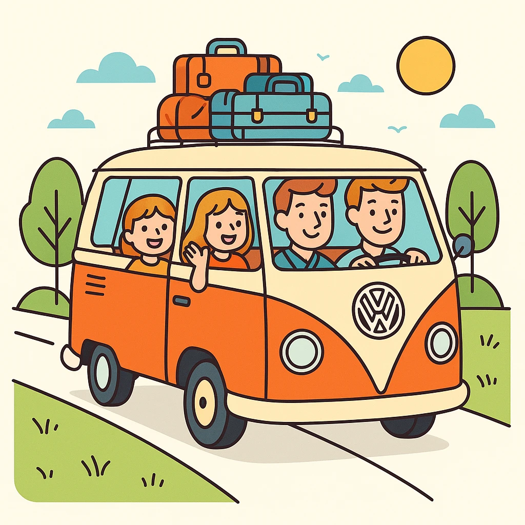 color vector art with thin outline of family on road trip with volkwagon van  emoji