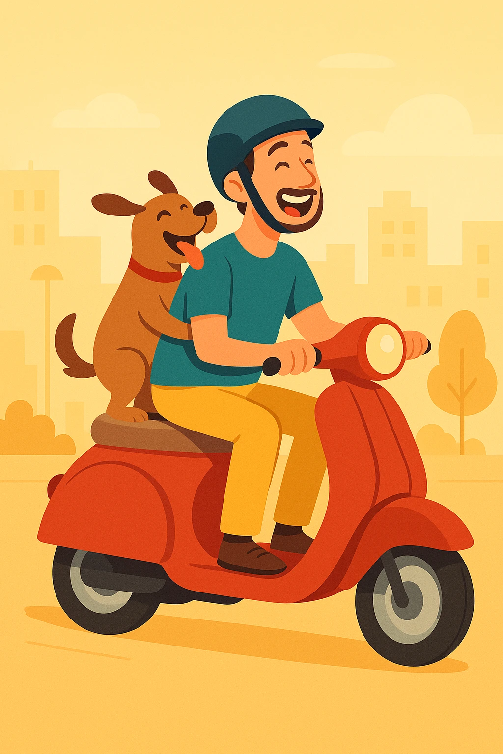 vector art of a man and his pet dog riding a vespa, for website design emoji