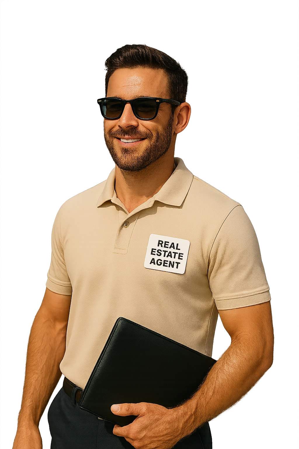 Remove the background, keep the male real estate agent wearing sunglasses in a summer vacation style, on a transparent background. emoji
